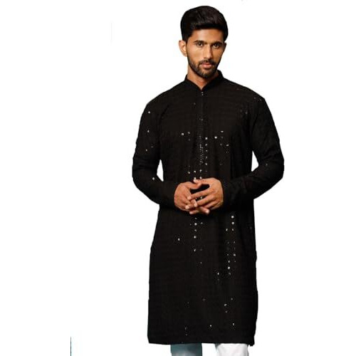 VASTRAMAY Men's Black Rayon Cotton Kurta, This Luxury Traditional Indian Schiffli Embroidery Work for Weddings & Festivals, Traditional Indian Wear