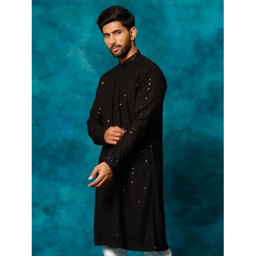 VASTRAMAY Men's Black Rayon Cotton Kurta, This Luxury Traditional Indian Schiffli Embroidery Work for Weddings & Festivals, Traditional Indian Wear