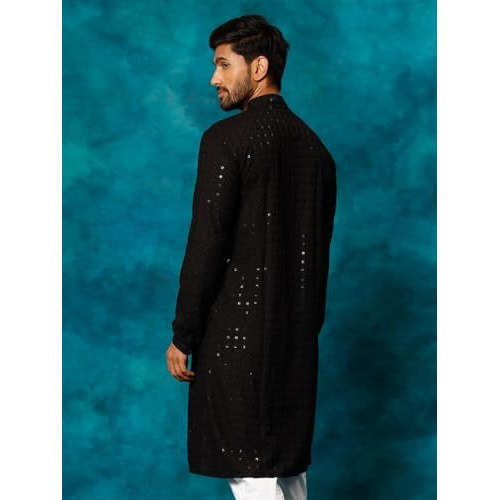 VASTRAMAY Men's Black Rayon Cotton Kurta, This Luxury Traditional Indian Schiffli Embroidery Work for Weddings & Festivals, Traditional Indian Wear