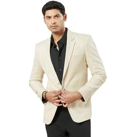 VASTRAMAY Men's Cream Jute Blazer - Jute Fabric Self Design Jodhpuri for Men  Waist Length, Front Open, Mandarin Collar, Traditional Style with Modern Elegance