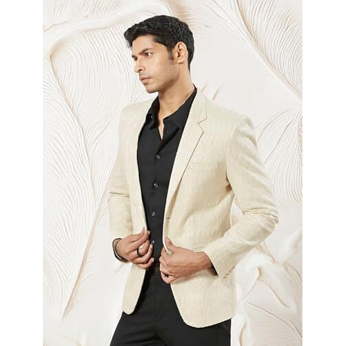 VASTRAMAY Men's Cream Jute Blazer - Jute Fabric Self Design Jodhpuri for Men  Waist Length, Front Open, Mandarin Collar, Traditional Style with Modern Elegance