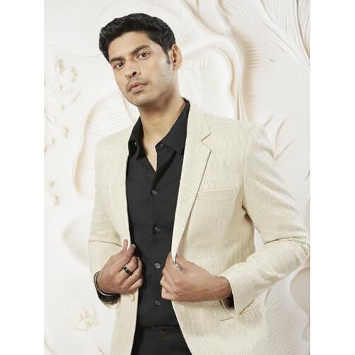 VASTRAMAY Men's Cream Jute Blazer - Jute Fabric Self Design Jodhpuri for Men  Waist Length, Front Open, Mandarin Collar, Traditional Style with Modern Elegance