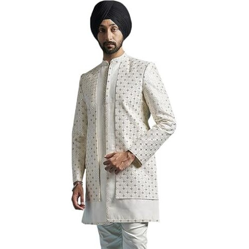 VASTRAMAY Men's Cream Silk Blend Sherwani Only Top - Silk Blend Embroidered Sequiend Indo Western