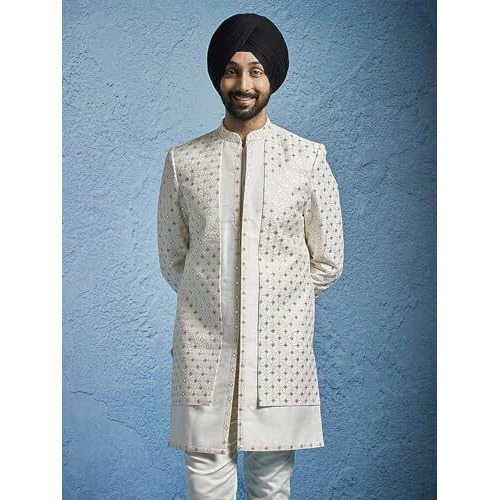 VASTRAMAY Men's Cream Silk Blend Sherwani Only Top - Silk Blend Embroidered Sequiend Indo Western