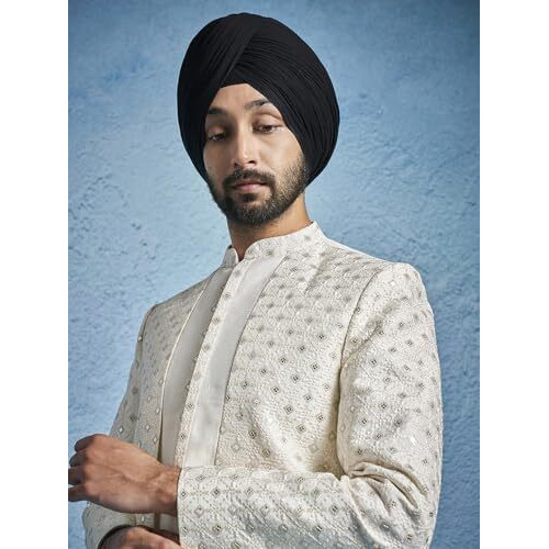 VASTRAMAY Men's Cream Silk Blend Sherwani Only Top - Silk Blend Embroidered Sequiend Indo Western