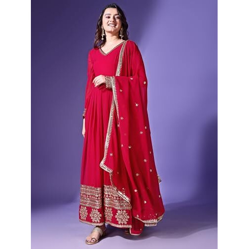 Wedani Faux Georgette Embroidered Anarkali Dress for Women (in, Alpha, XL, Regular, Pink)