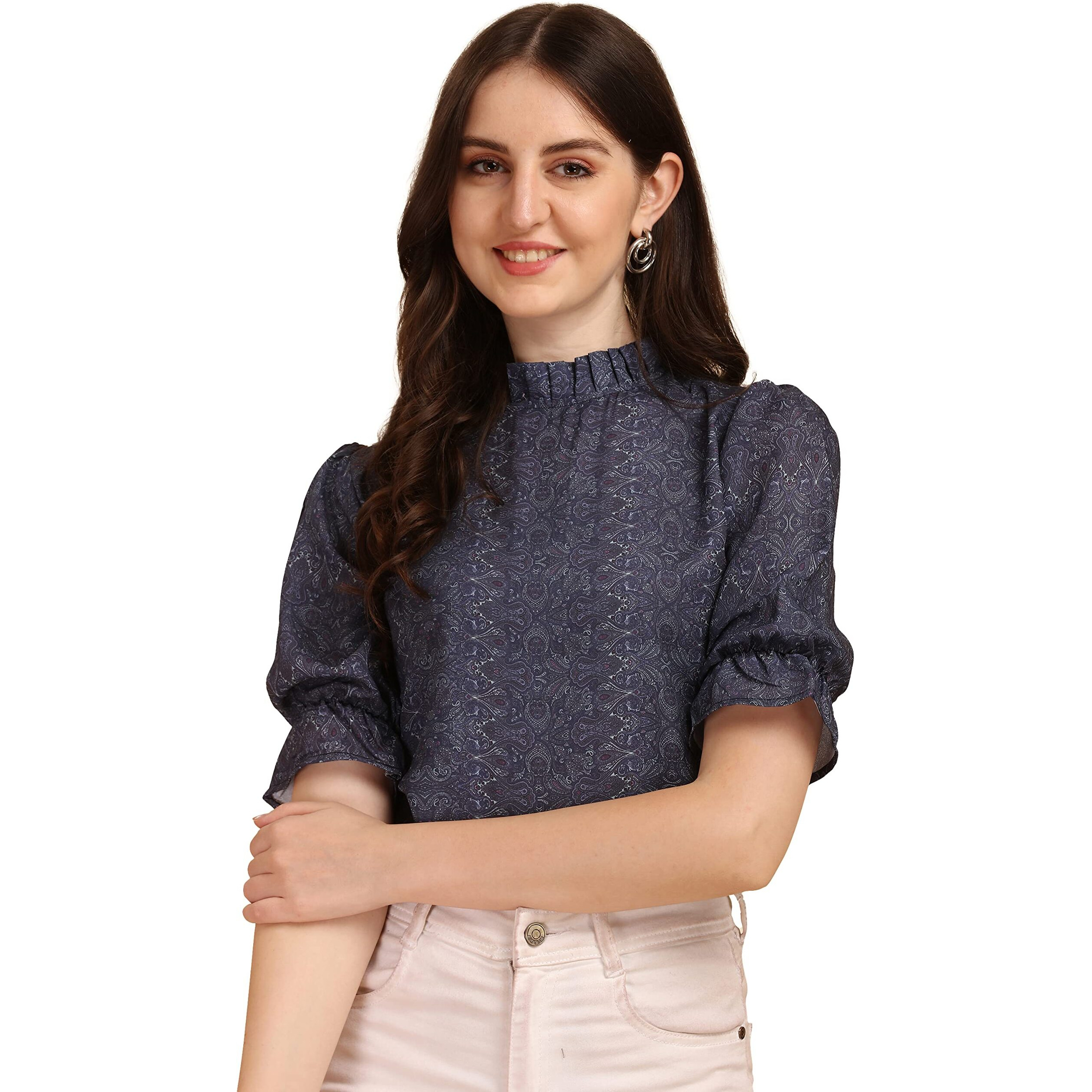 Wedani Women's Casual Puff Sleeves Ruffled Collor Foral Top (Large, Navy Blue)