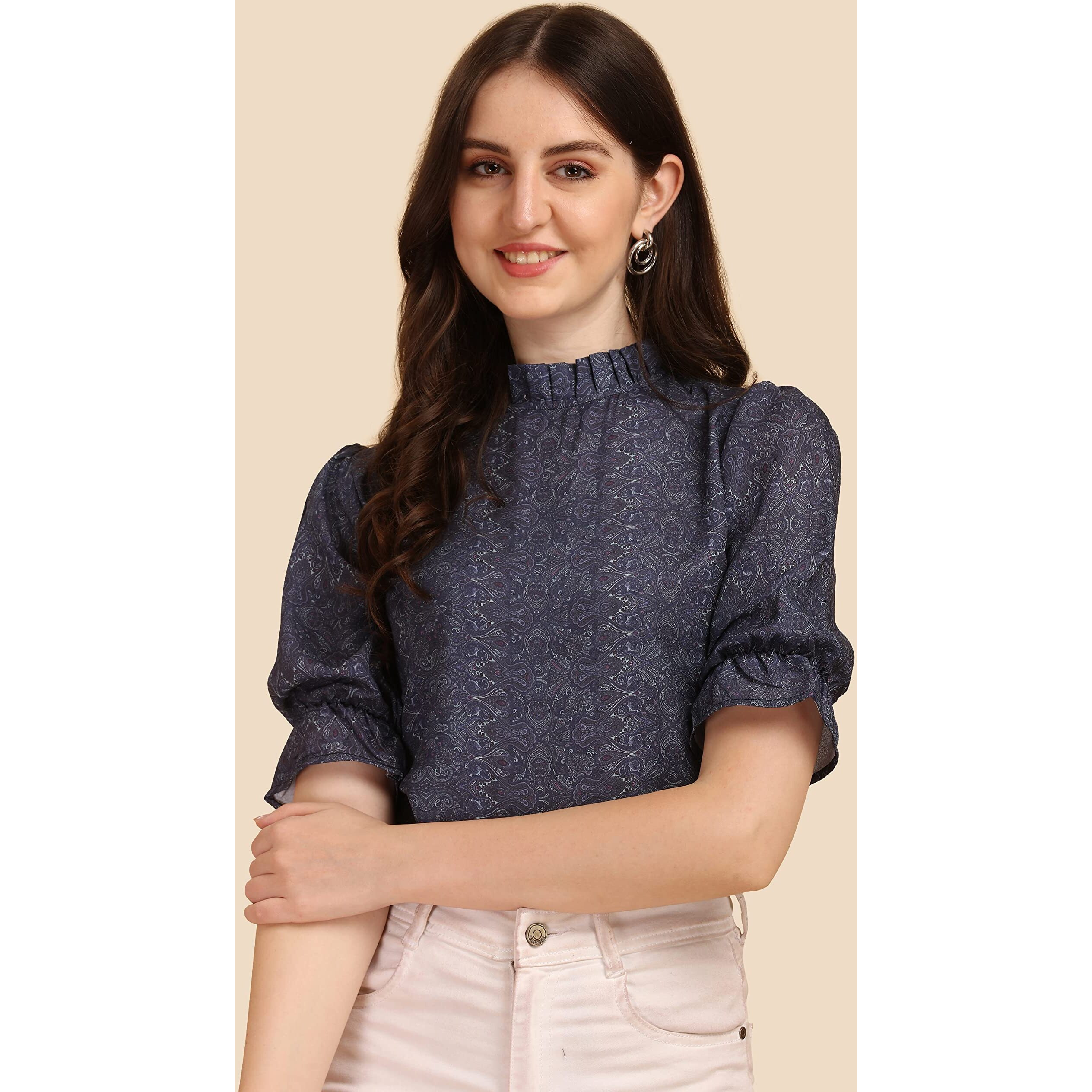 Wedani Women's Casual Puff Sleeves Ruffled Collor Foral Top (Large, Navy Blue)