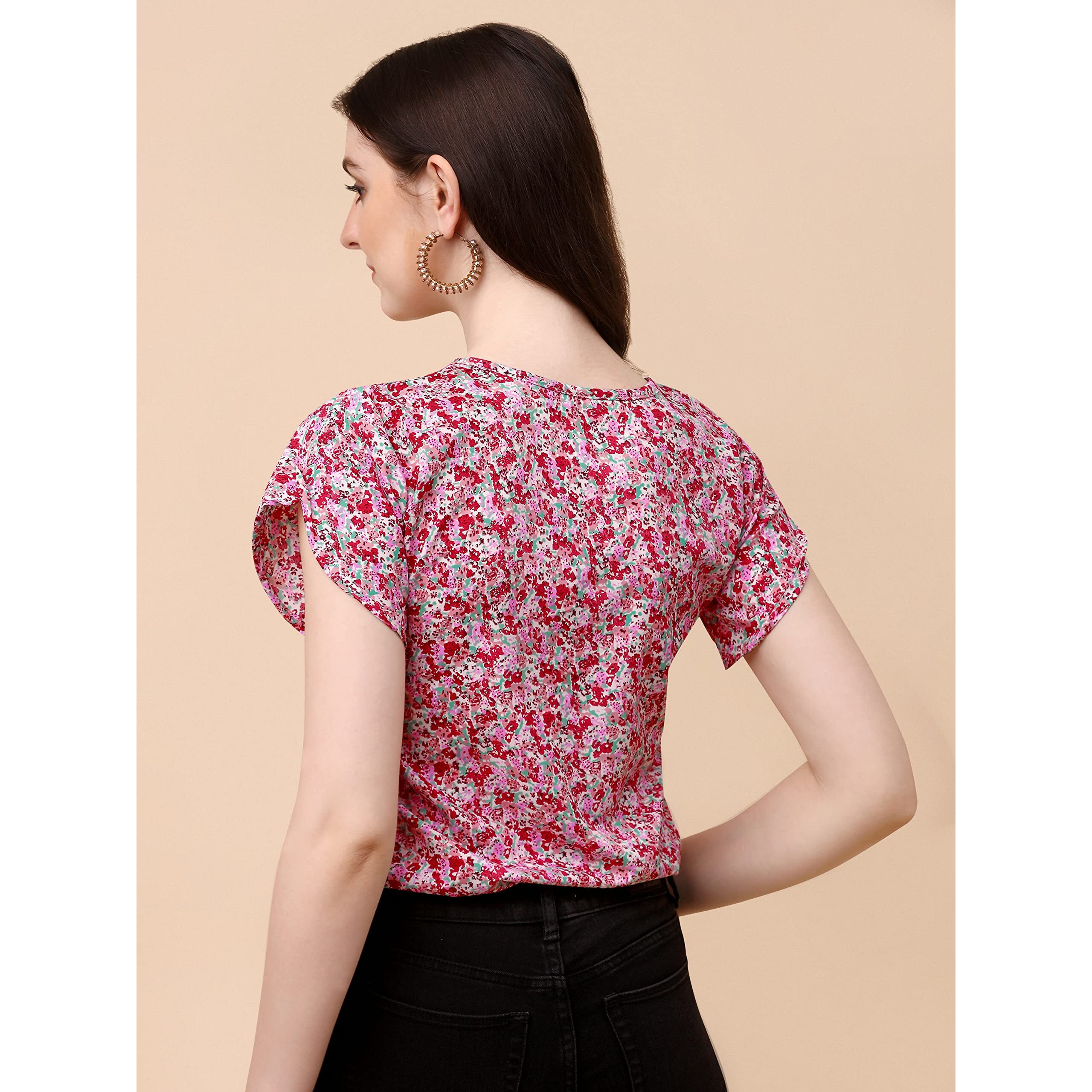 Wedani Women's Casual Short Sleeves Round Neck Foral Top (Large, Pink)