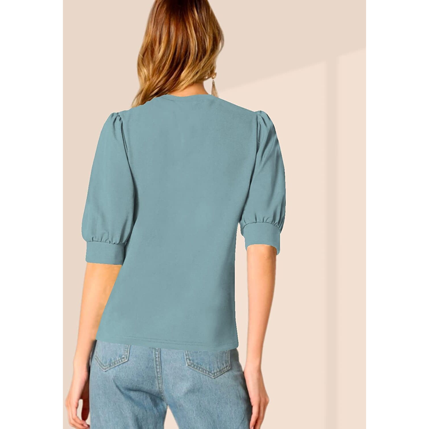 Wedani Women's Casual Puff Sleeves Round Collor Solid Top (Medium, Grey)