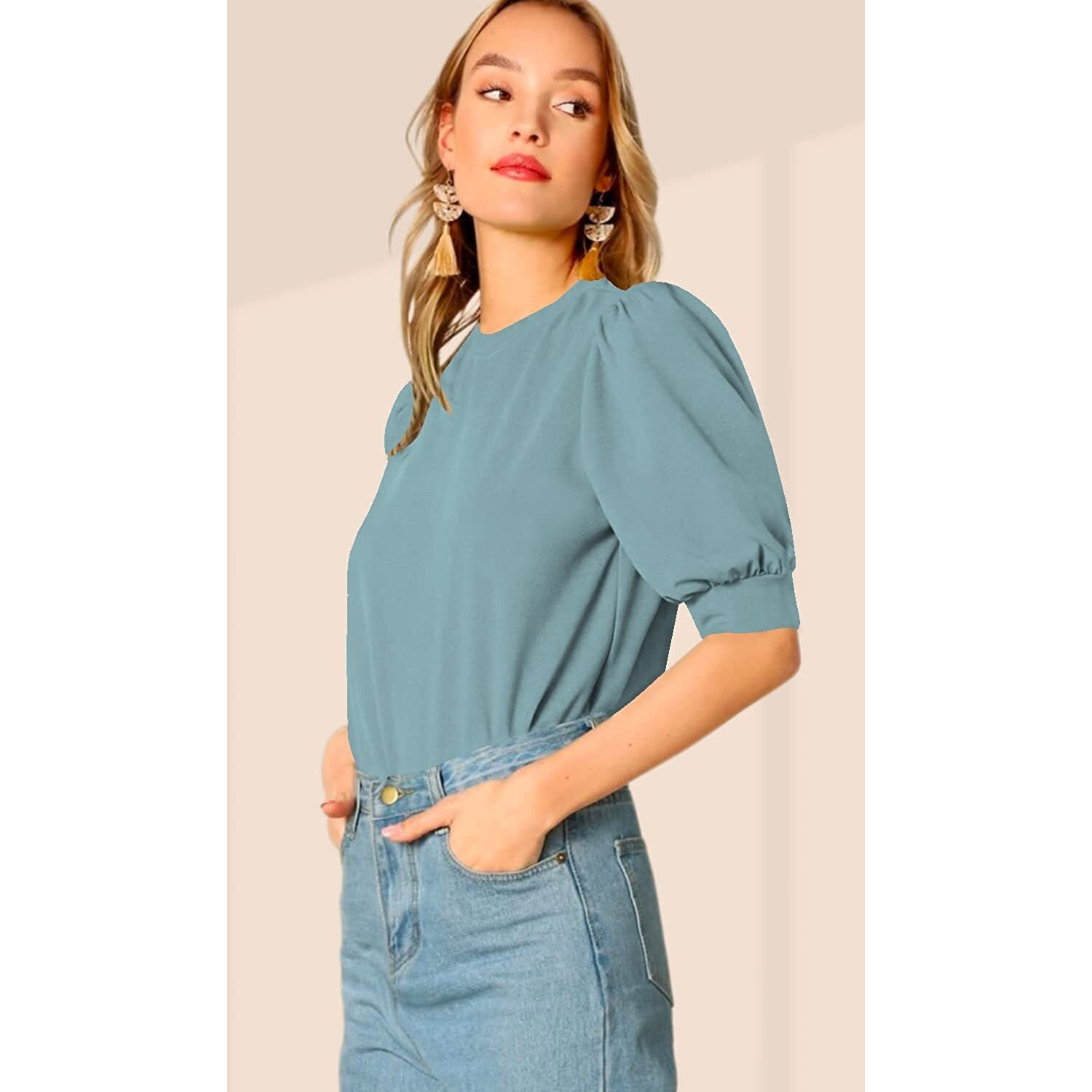 Wedani Women's Casual Puff Sleeves Round Collor Solid Top (Medium, Grey)