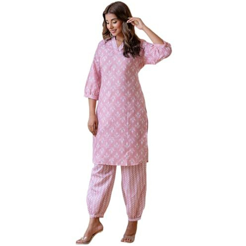 Yashika Women's Floral Latest Printed Cotton Blend Straight Kurta Afghani Pant Set Perfect for Casual and Office Wear (AZ-YS-P2-KS2070-Parent_Peach