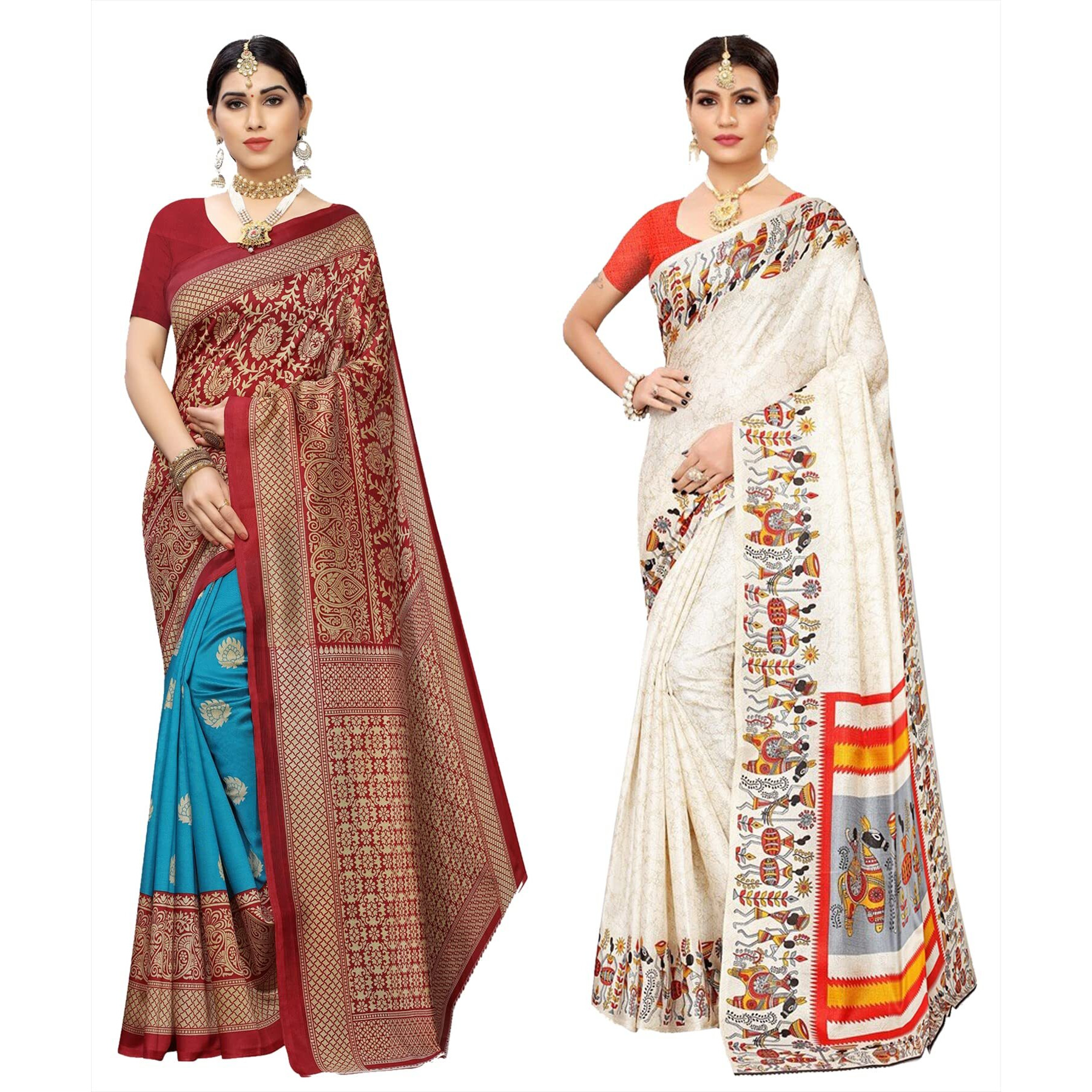 Yashika Women's Combo Art Silk Printed Saree With Blouse Piece Pack Of 2(METRO RAMA-VIVO ORANGE)