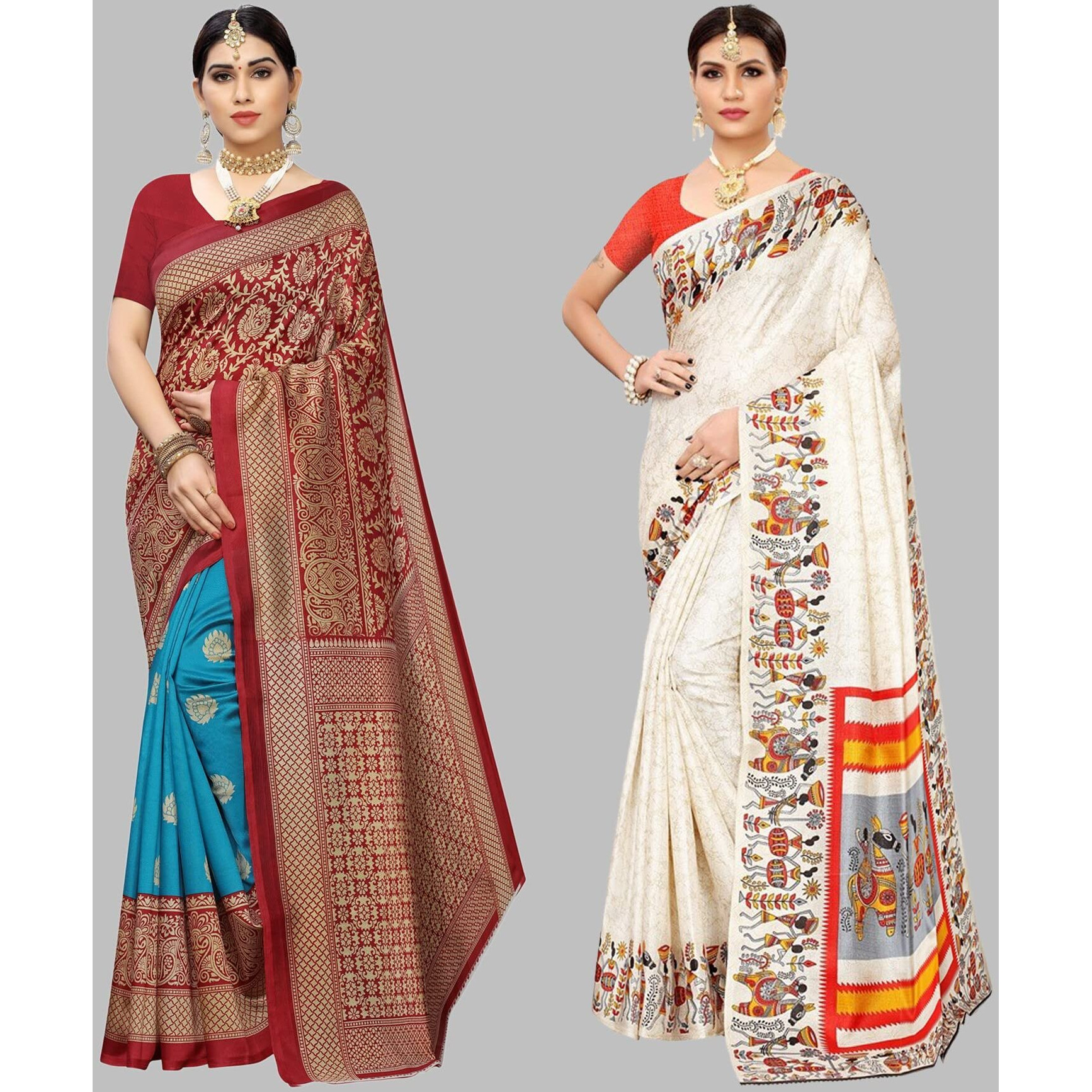 Yashika Women's Combo Art Silk Printed Saree With Blouse Piece Pack Of 2(METRO RAMA-VIVO ORANGE)