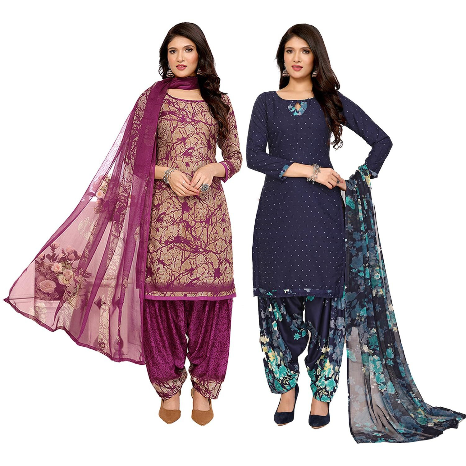 Yashika Women's Crepe Dress Material Set for Women | Unstitched Printed Fabric for Kurta Bottom & Dupatta (YS-ADDA WINE-BLUE FLOWER)