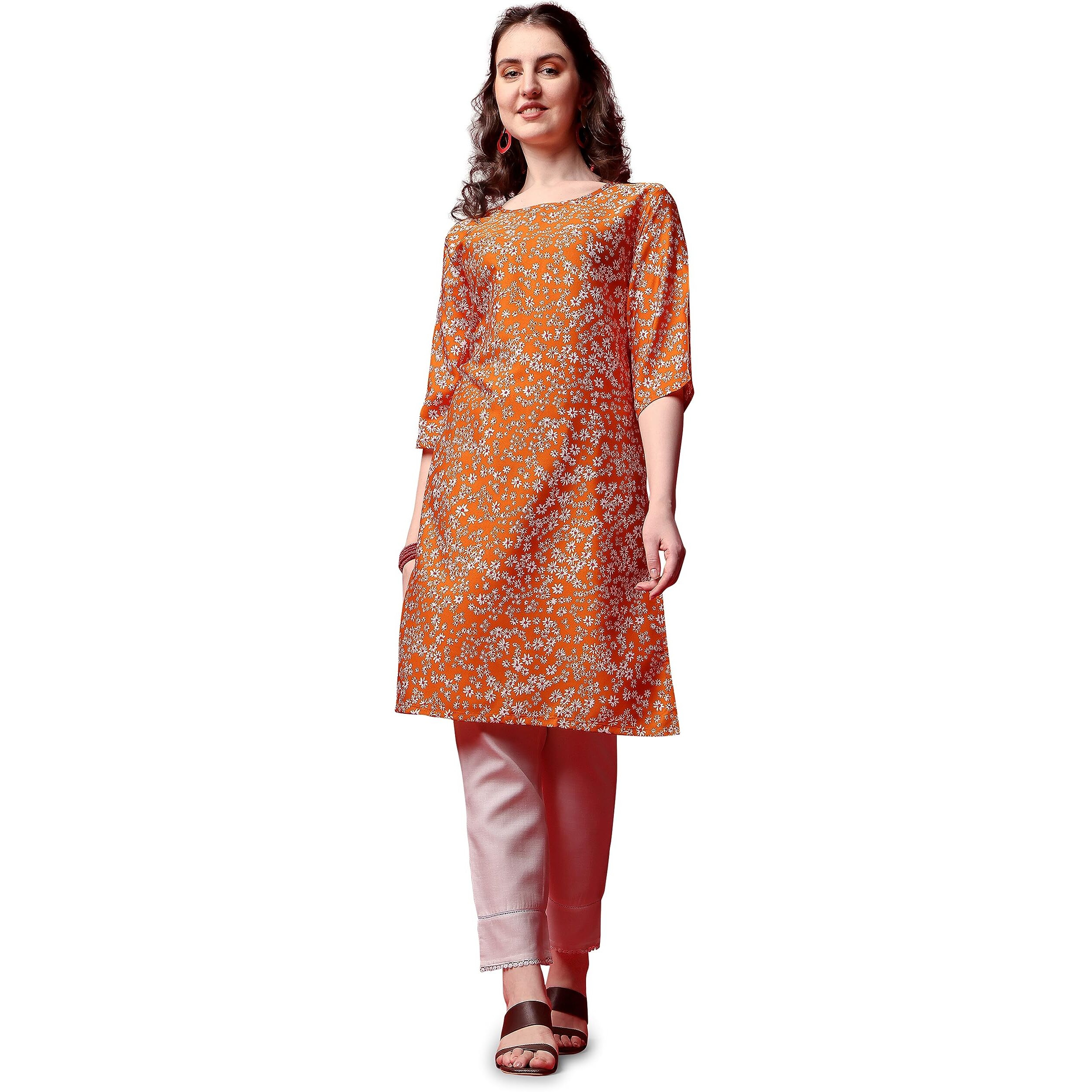 Yashika Women's Crepe Orange Straight Stitched Kurti || Kurta (YS-K1107-XL)