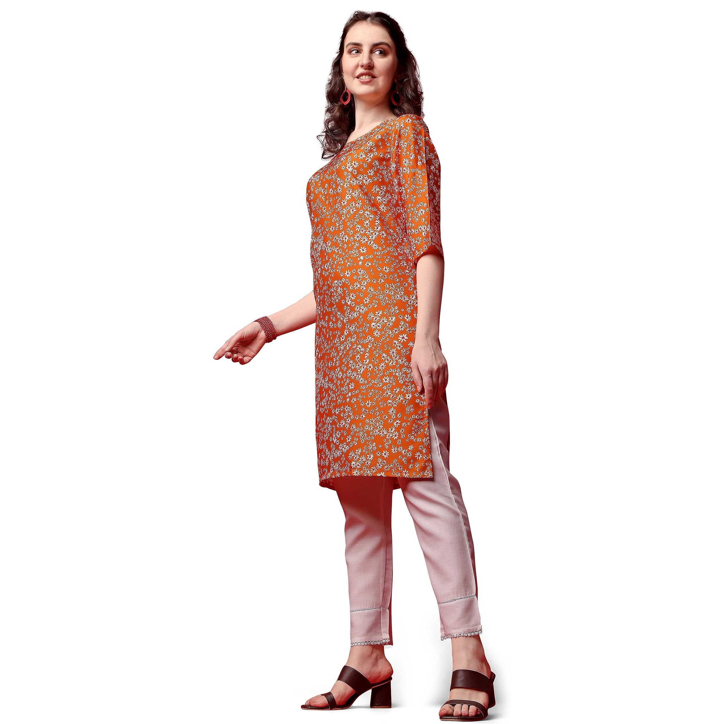 Yashika Women's Crepe Orange Straight Stitched Kurti || Kurta (YS-K1107-XL)