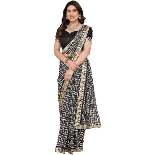Yashika Women's Printed Georgette Printed Saree With Lace Border and Blouse Material (AZ-YS-P2-SRAVANI BLACK)