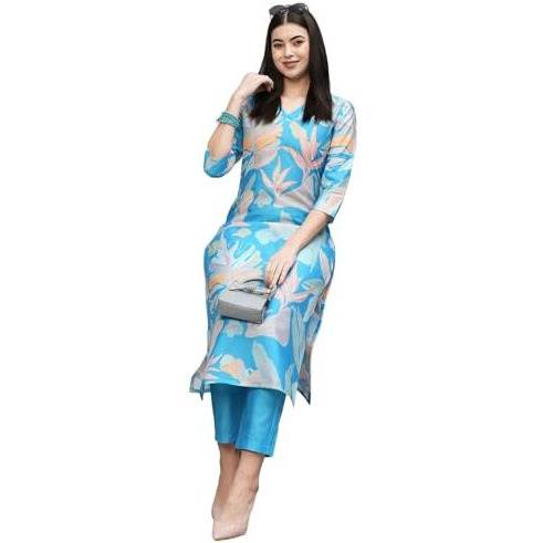 ANNI DESIGNER Women's Cotton Blend Straight Printed Kurta with Pant (Jonaki Blue_XXL_Blue_XX-Large)