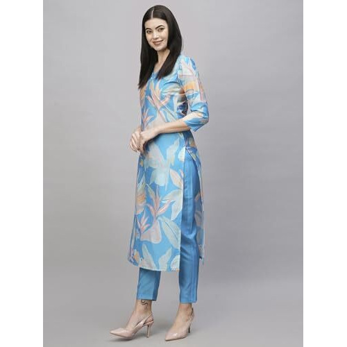 ANNI DESIGNER Women's Cotton Blend Straight Printed Kurta with Pant (Jonaki Blue_XXL_Blue_XX-Large)