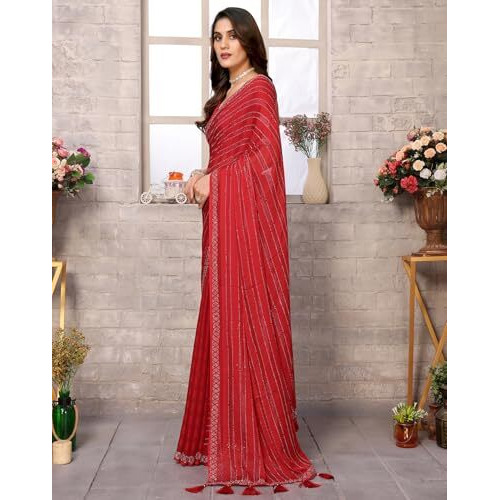 Yashika Women's Woven Chiffon Latest Black Rangoli Fabric Saree with Lace and Blouse Material (AZ-YS-P1-SWARNA-TANIKSHA-Parent_Red)