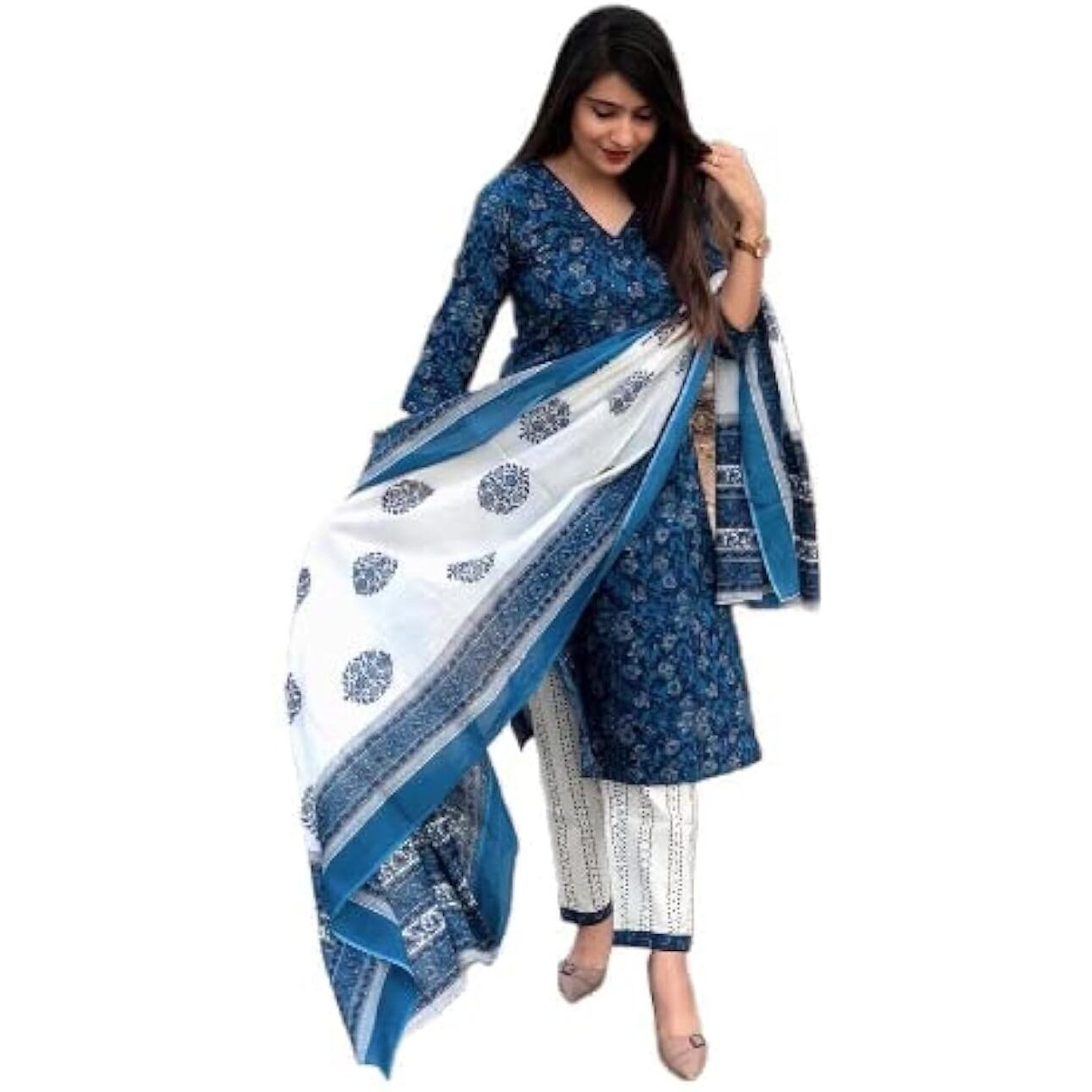 KLOSIA Women Rayon Kurta Palazzo With Dupatta Set (Floral_Suit_L_Indigo Blue_L)