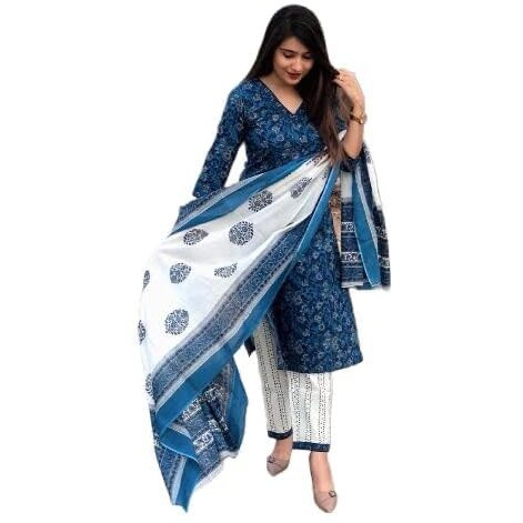 KLOSIA Women Rayon Kurta Palazzo With Dupatta Set (Floral_Suit_L_Indigo Blue_L)