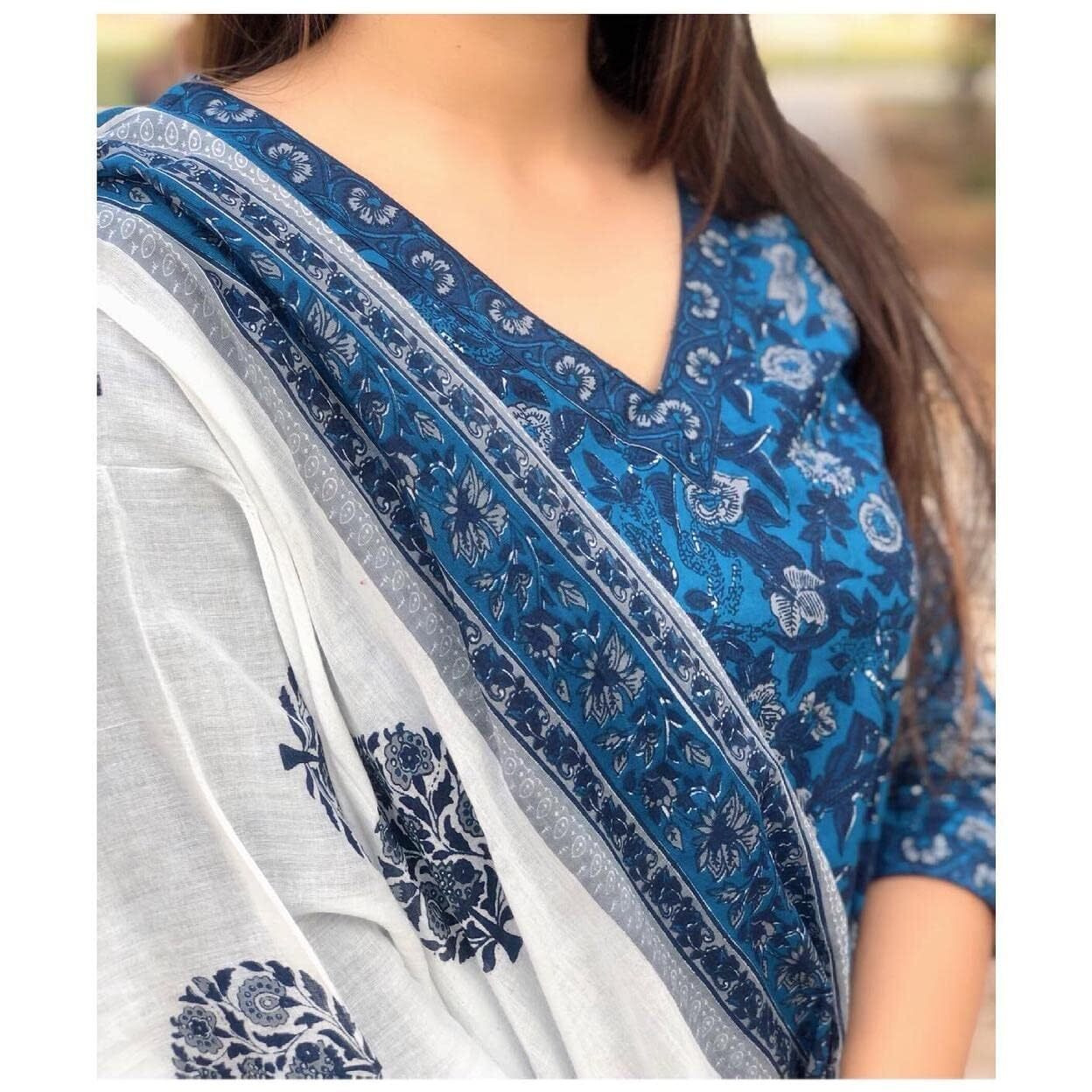 KLOSIA Women Rayon Kurta Palazzo With Dupatta Set (Floral_Suit_L_Indigo Blue_L)