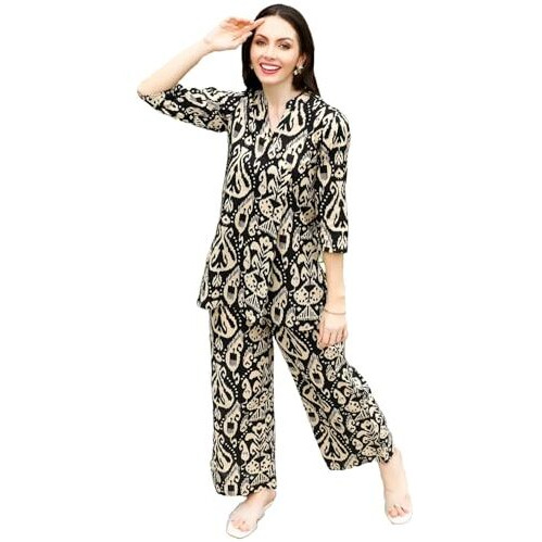 ANNI DESIGNER Women's Cotton Blend Mid thigh Printed Co-Ord Set (J111 Black Co-Ord_XL_Black_X-Large)