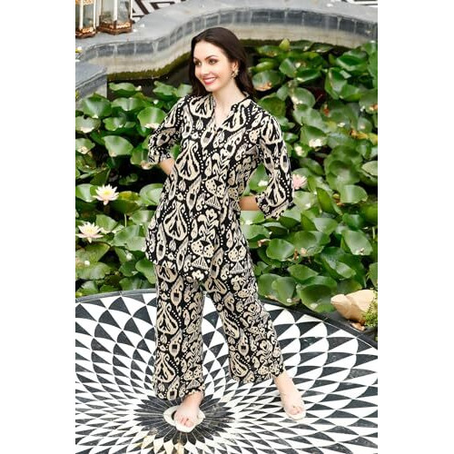 ANNI DESIGNER Women's Cotton Blend Mid thigh Printed Co-Ord Set (J111 Black Co-Ord_XL_Black_X-Large)