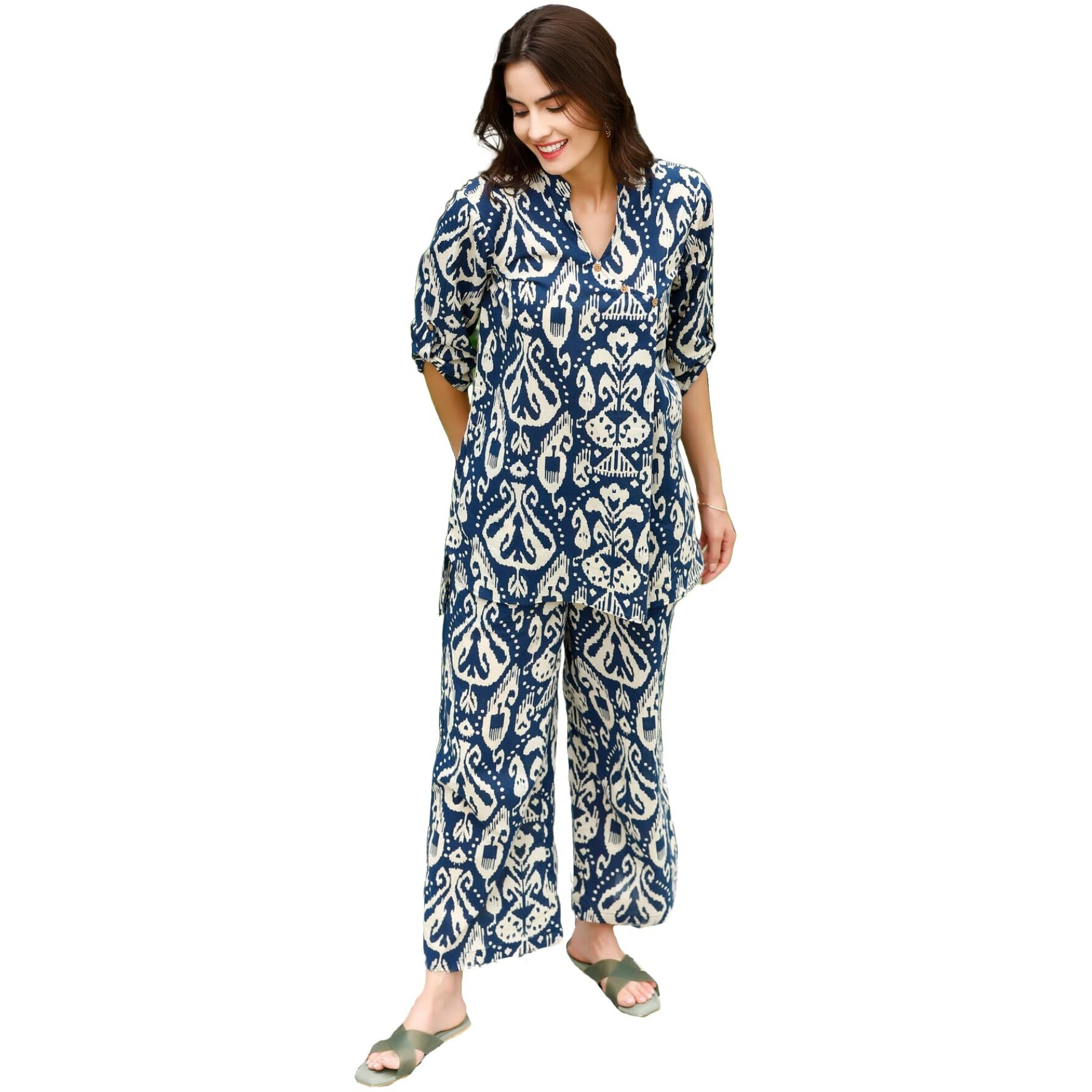 ANNI DESIGNER Women's Cotton Blend Mid Thigh Printed Co-Ord Set (J111 Blue Co-Ord_L_Blue_Large)