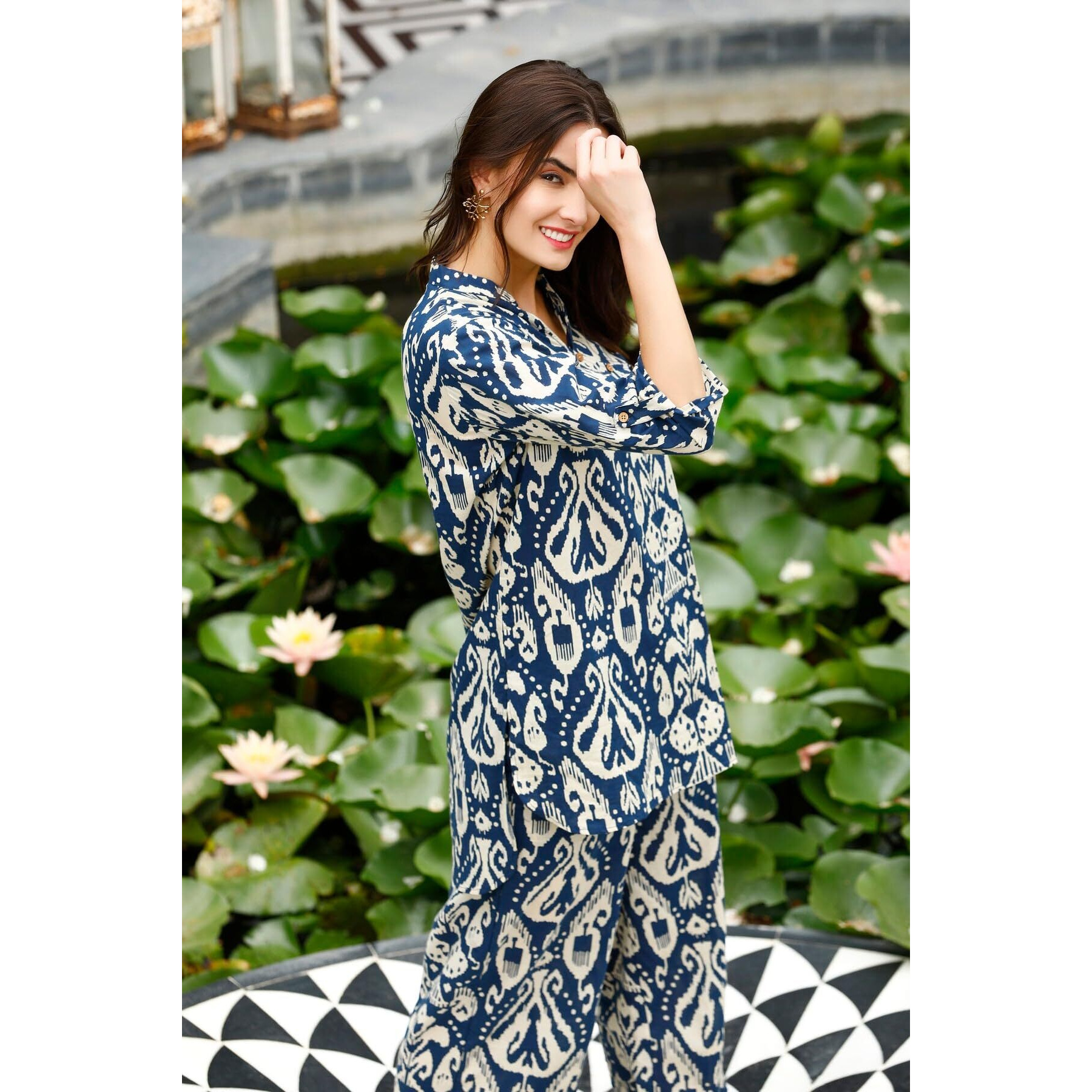 ANNI DESIGNER Women's Cotton Blend Mid Thigh Printed Co-Ord Set (J111 Blue Co-Ord_L_Blue_Large)
