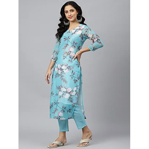 Anni Designer Women's Cotton Blend Printed Straight Kurta With Pant & Dupatta (Itta Sty Blue_Xl_Blue_X Large)