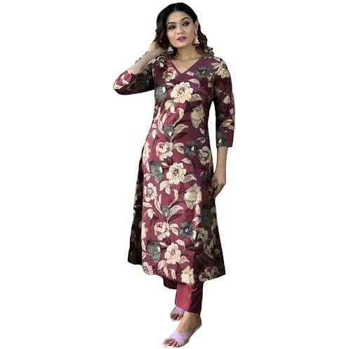 ANNI DESIGNER Women's Cotton Blend Straight Printed Kurta with Pant (DHUN Wine_L_Wine_Large)