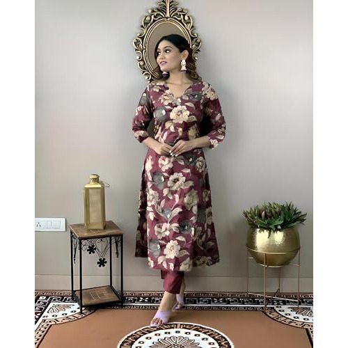 ANNI DESIGNER Women's Cotton Blend Straight Printed Kurta with Pant (DHUN Wine_L_Wine_Large)