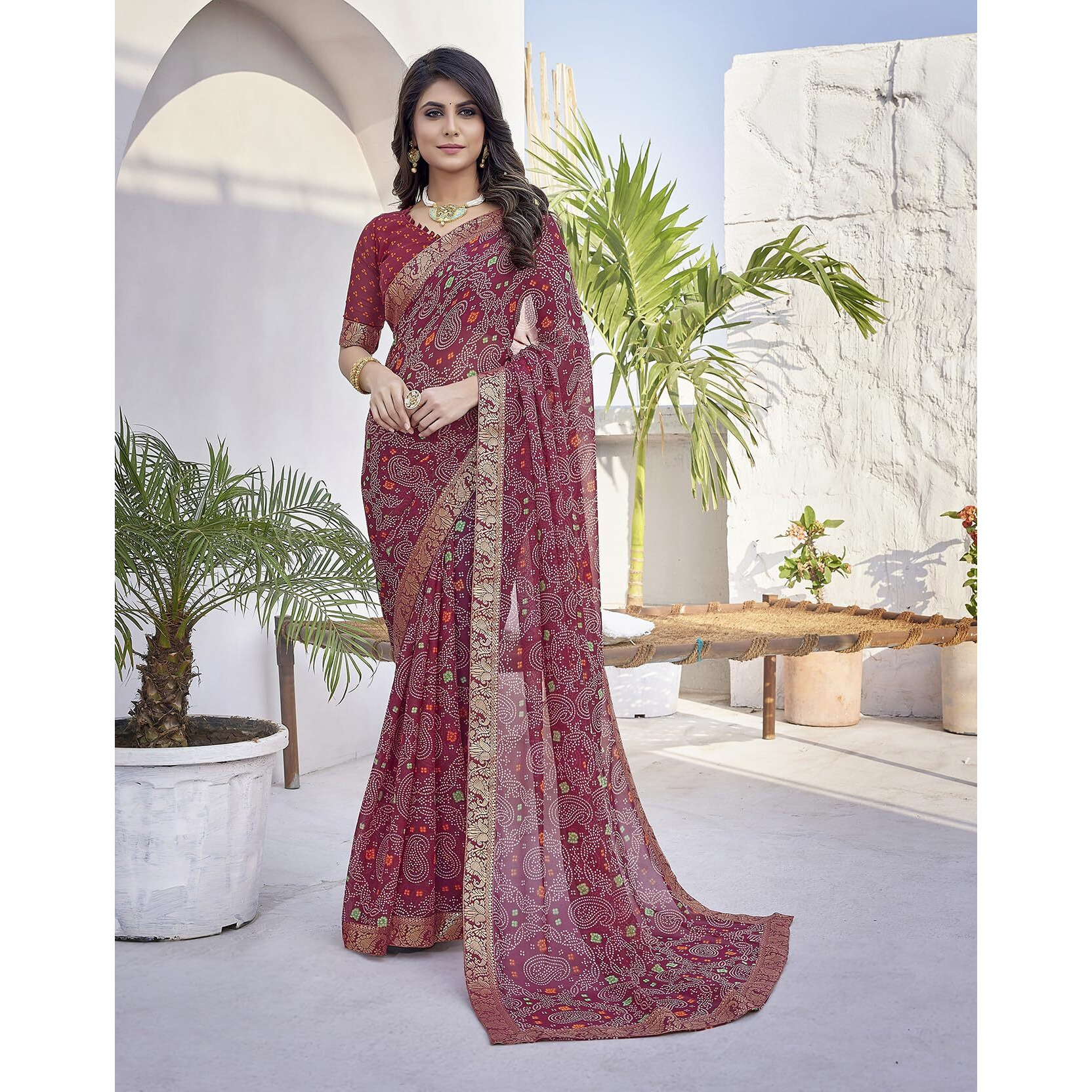 Yashika Womens Trendy Printed Jacquard Lace Georgette Saree with Blouse Material||Maroon Coloured Georgette Beautiful Saree||AZ-YS-P1-GULSHAN MAROON