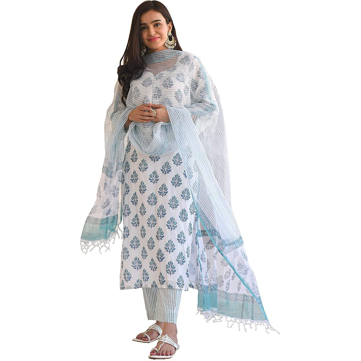 KLOSIA Women's Cotton Straight Kurta Pant with Dupatta (Valley_Suit_S_White_S)