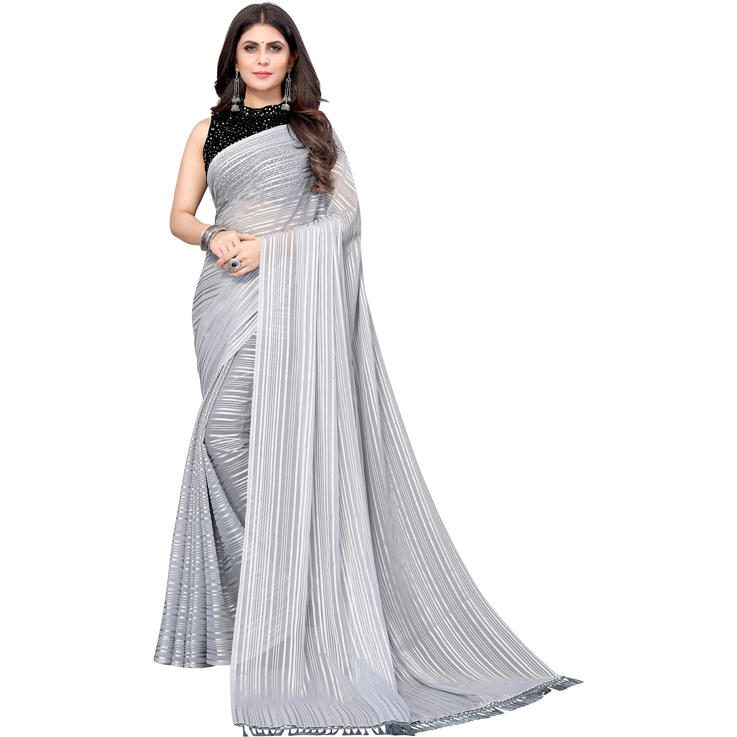 Yashika Womens Georgette Saree With Jari & Velvet Blouse with Sequence (RIVA GREY-NEW_)