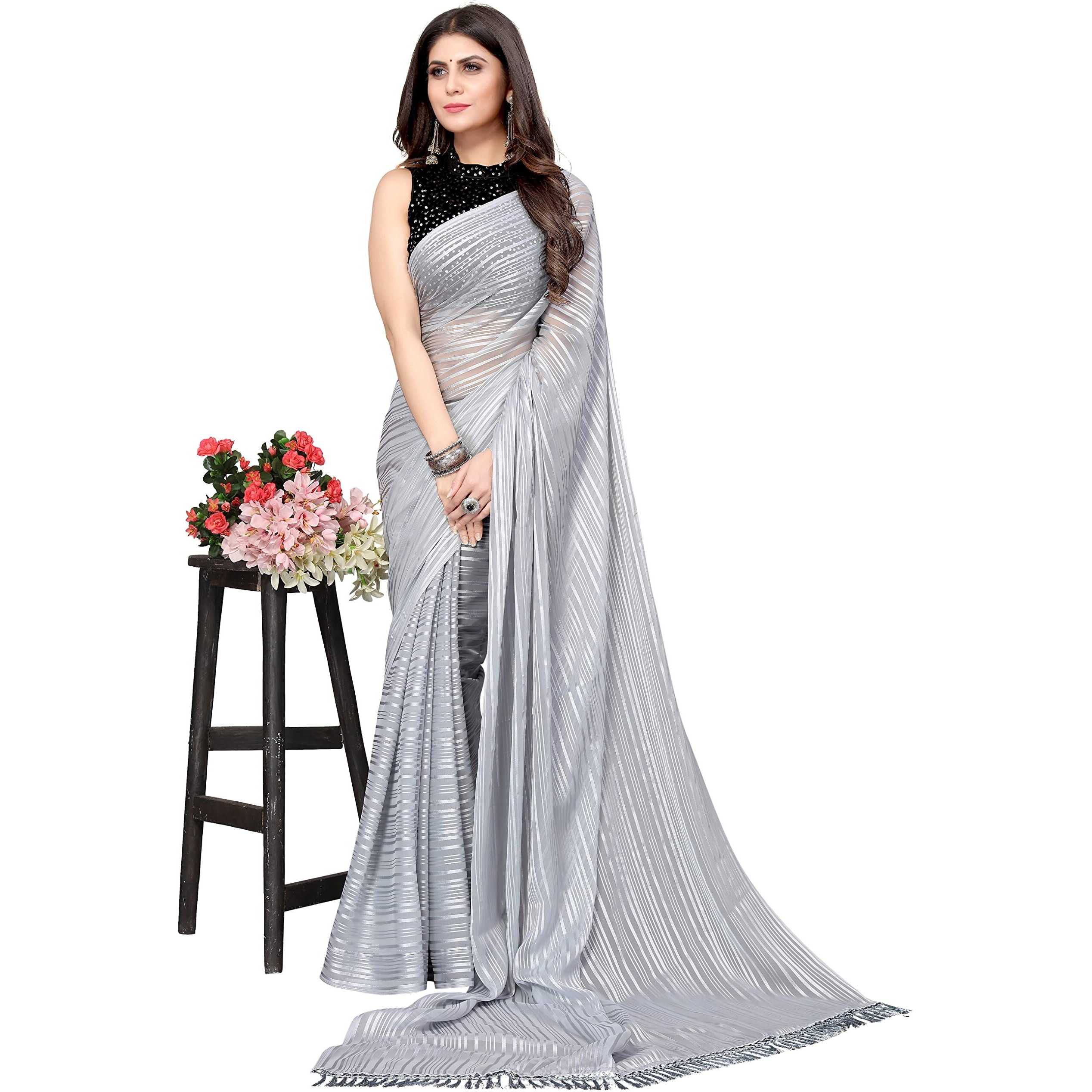 Yashika Womens Georgette Saree With Jari & Velvet Blouse with Sequence (RIVA GREY-NEW_)