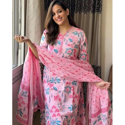 ANNI DESIGNER Women's Rayon Blend Straight Printed Kurta with Pant & Dupatta (Kumud Pink_XXL_Pink_XX-Large)