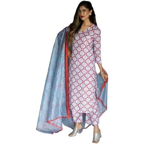 Yashika Women's Latest Printed Cotton Blend Straight Kurta Pant Dupatta Set (AZ-YS-OG1-KS2157-S_Red