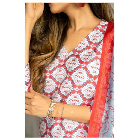 Yashika Women's Latest Printed Cotton Blend Straight Kurta Pant Dupatta Set (AZ-YS-OG1-KS2157-S_Red