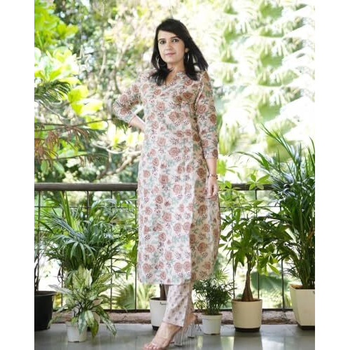 ANNI DESIGNER Women's Cotton Blend Straight Printed Kurta with Pant (Wide Cream_XL_Cream_X-Large)