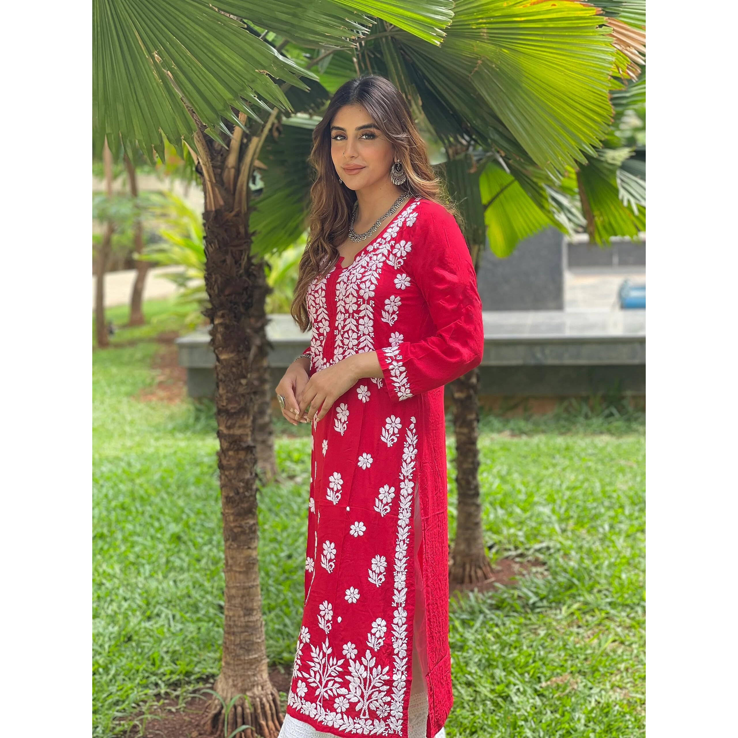 ANNI DESIGNER Women's Cotton Blend Straight Chikankari Embroidered Kurta (River RED_M_Red_Medium)