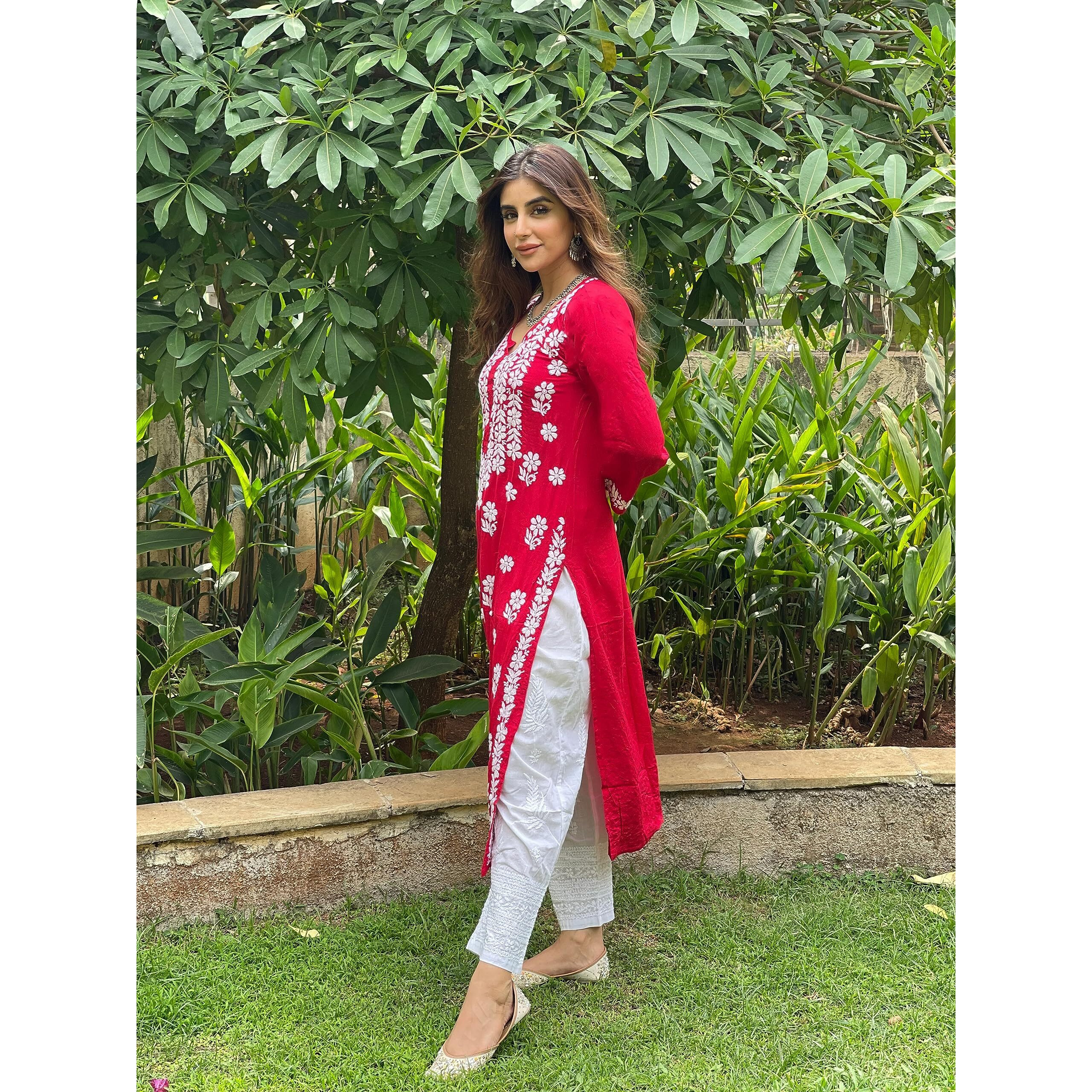ANNI DESIGNER Women's Cotton Blend Straight Chikankari Embroidered Kurta (River RED_M_Red_Medium)