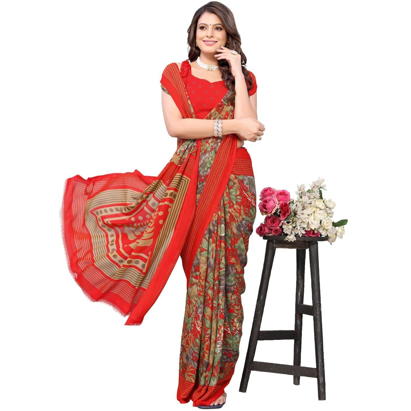 Yashika Womens Georgette Saree With Unstitched Blouse Piece (Kumud Red_W_Red)