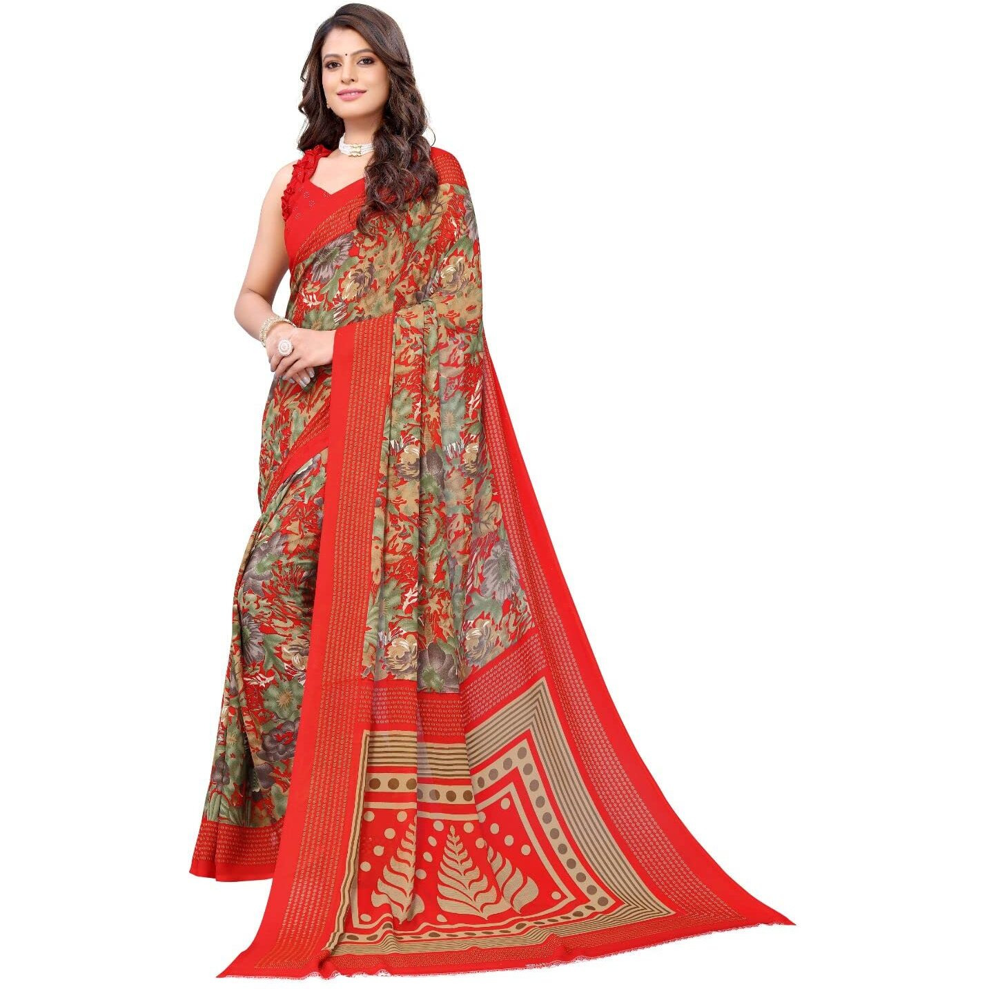 Yashika Womens Georgette Saree With Unstitched Blouse Piece (Kumud Red_W_Red)