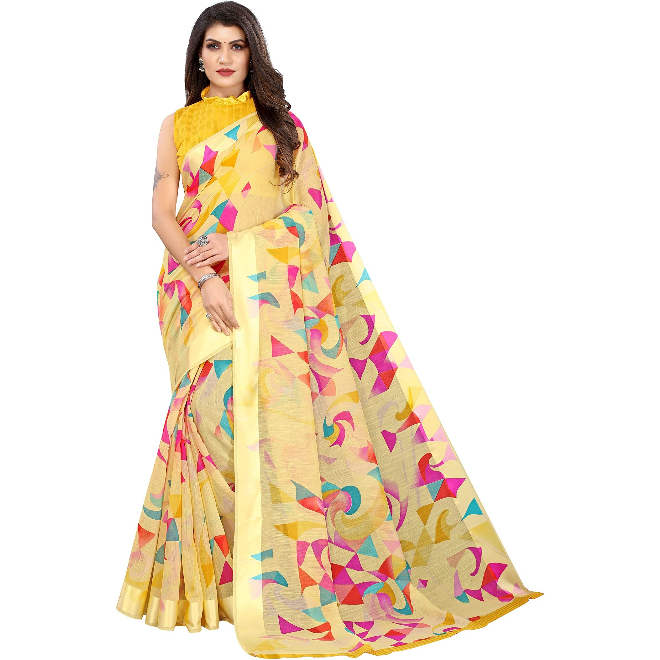 Yashika Womens Printed Linen Saree With Blouse Piece(SATRANGI YELLOW_Free Size)