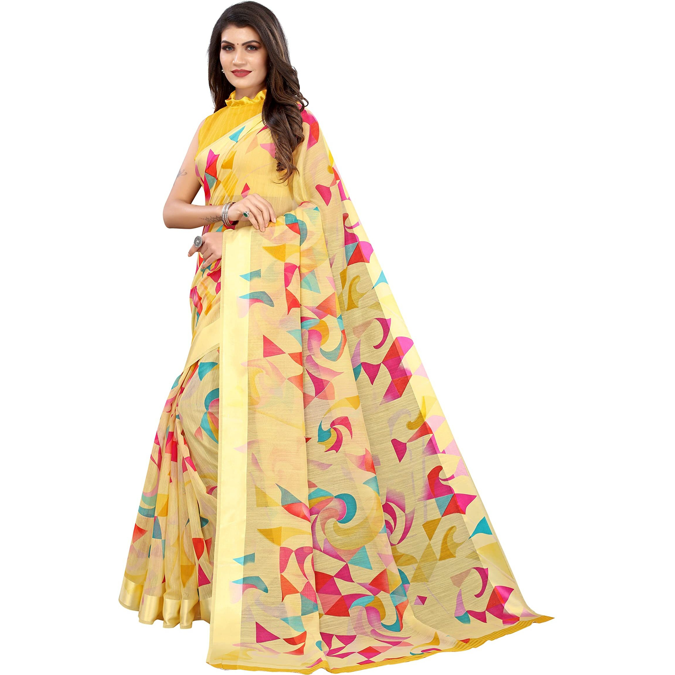 Yashika Womens Printed Linen Saree With Blouse Piece(SATRANGI YELLOW_Free Size)