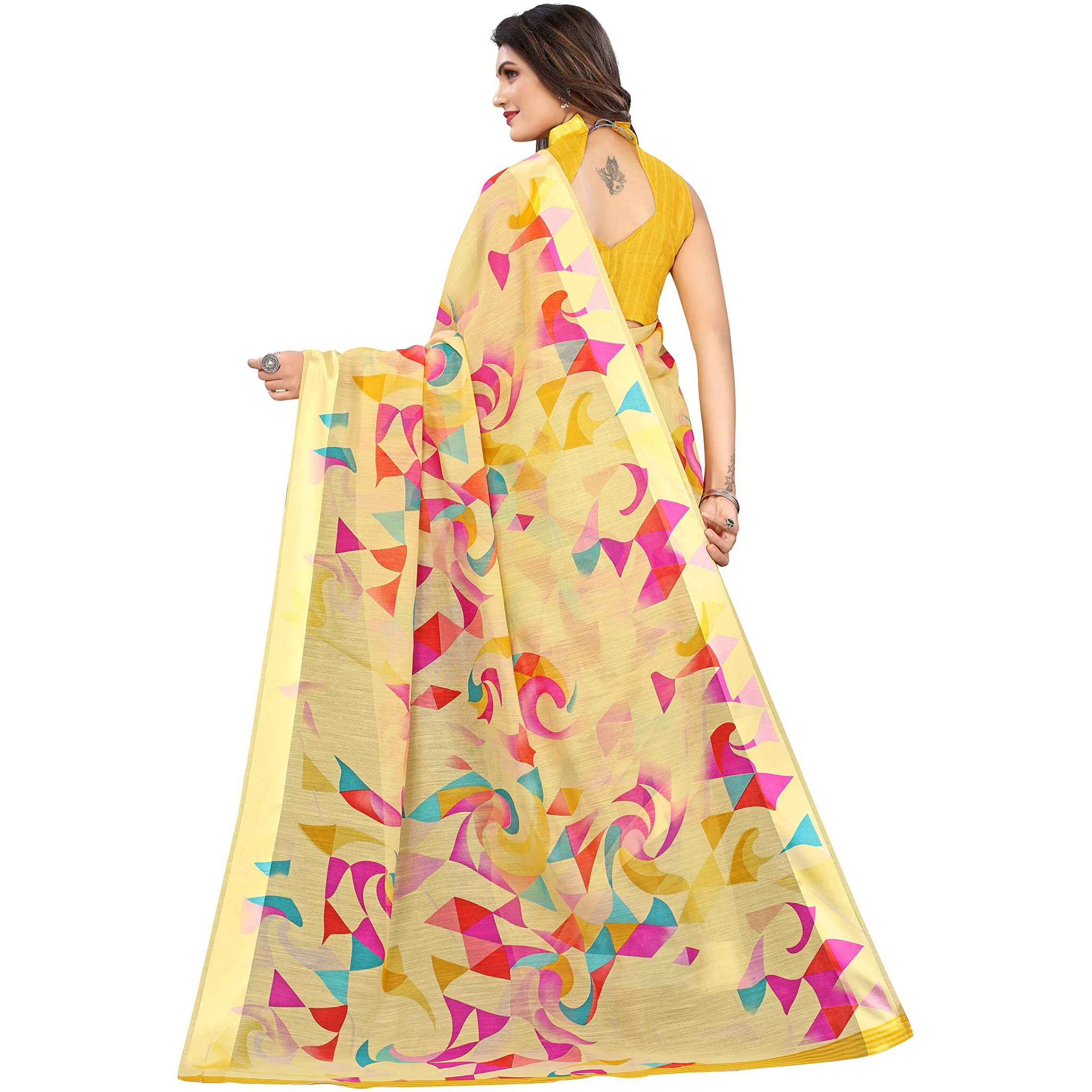Yashika Womens Printed Linen Saree With Blouse Piece(SATRANGI YELLOW_Free Size)